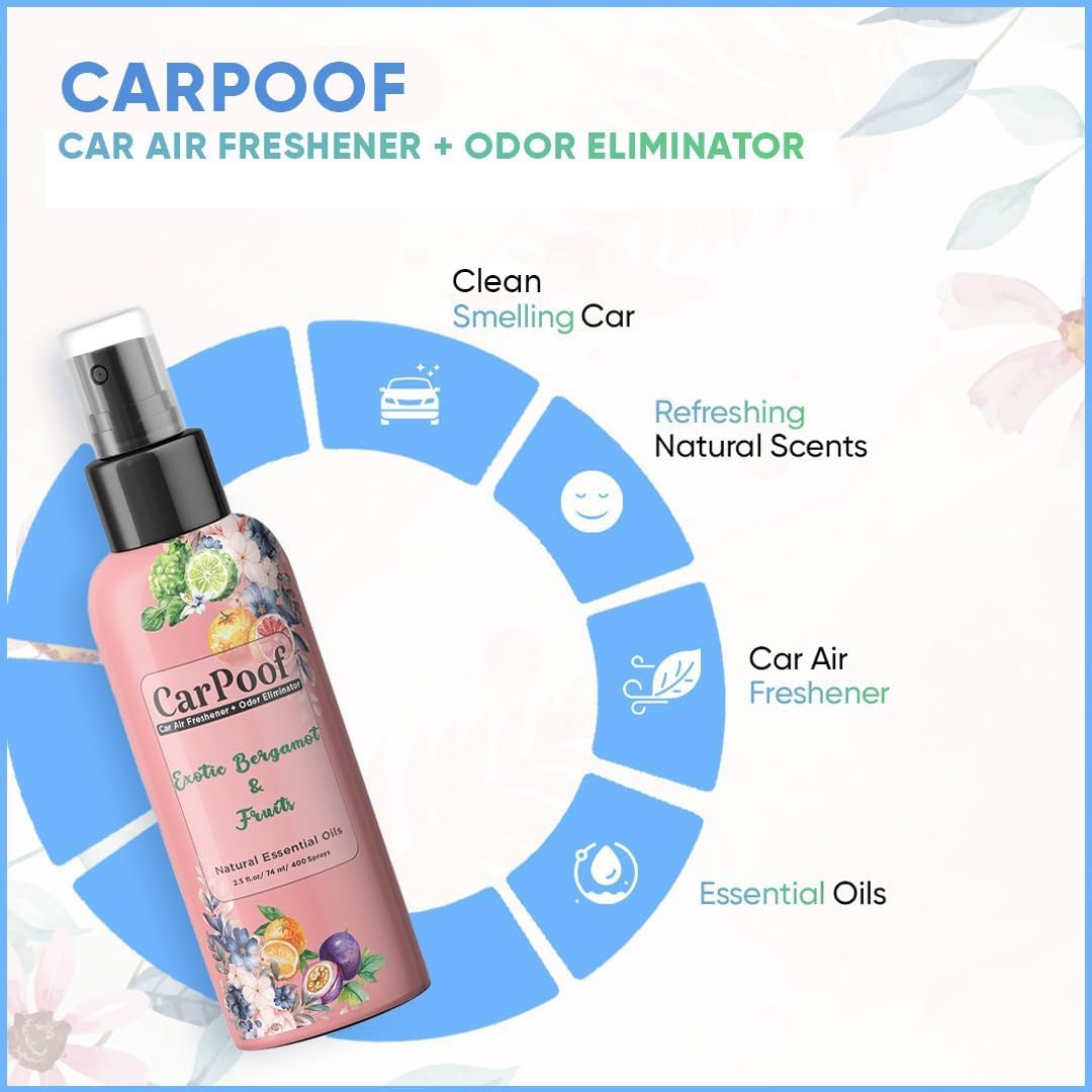 Car Air Freshener Spray natural non toxic and car odor eliminator for Clean Fresh Car, 400+ Sprays 2.5 oz Travel Size, naturally fading, short lasting scent, Exotic Bergamot and Fruits