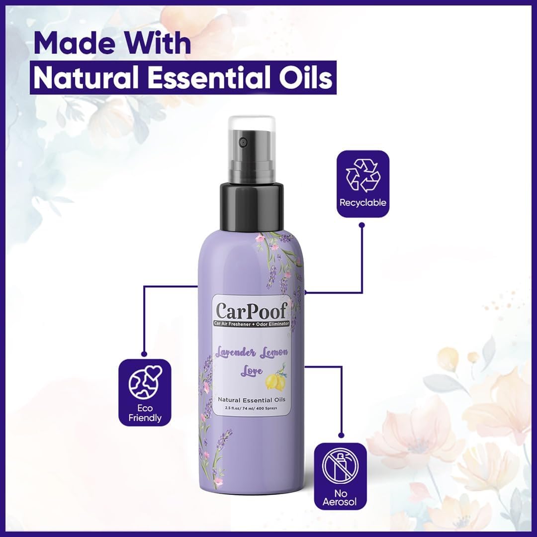 Car Air Freshener Spray Lavender Lemon scent, Natural non toxic, car odor eliminator, naturally fading, short lasting scent, 400+ Sprays 2.5 oz Travel Size