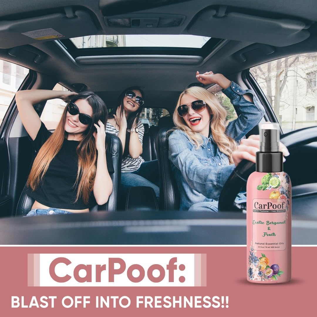 Car Air Freshener Spray natural non toxic and car odor eliminator for Clean Fresh Car, 400+ Sprays 2.5 oz Travel Size, naturally fading, short lasting scent, Exotic Bergamot and Fruits