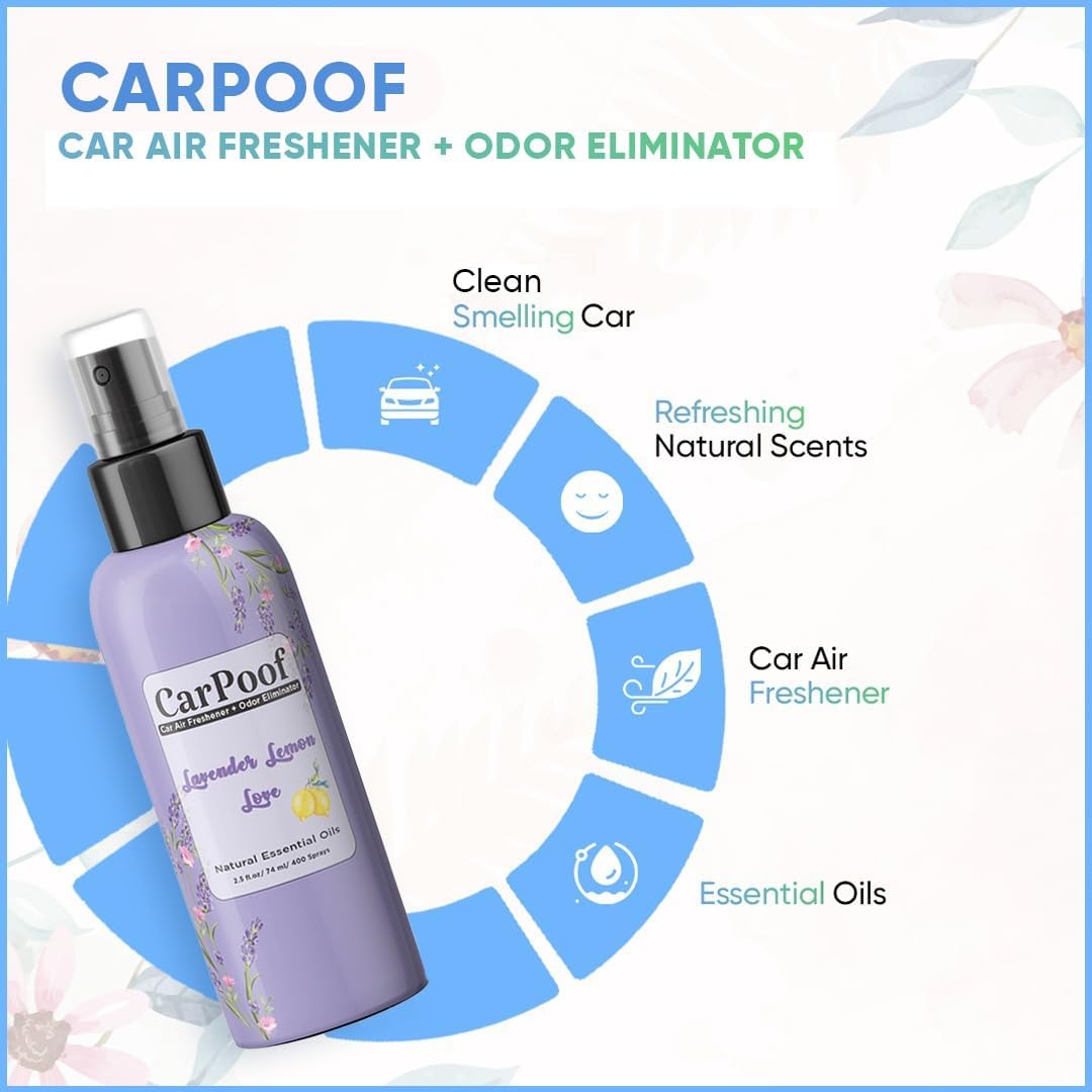 Car Air Freshener Spray Lavender Lemon scent, Natural non toxic, car odor eliminator, naturally fading, short lasting scent, 400+ Sprays 2.5 oz Travel Size