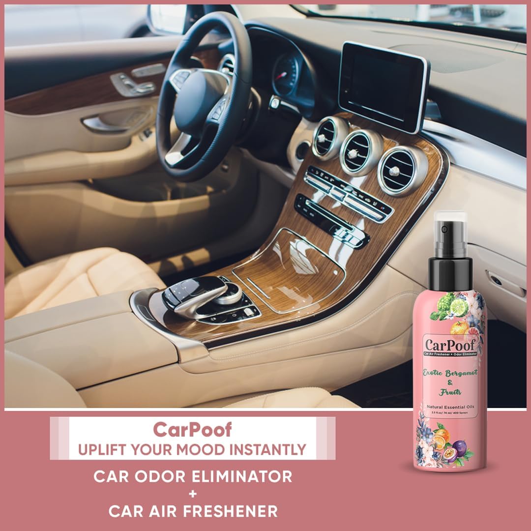 Car Air Freshener Spray natural non toxic and car odor eliminator for Clean Fresh Car, 400+ Sprays 2.5 oz Travel Size, naturally fading, short lasting scent, Exotic Bergamot and Fruits