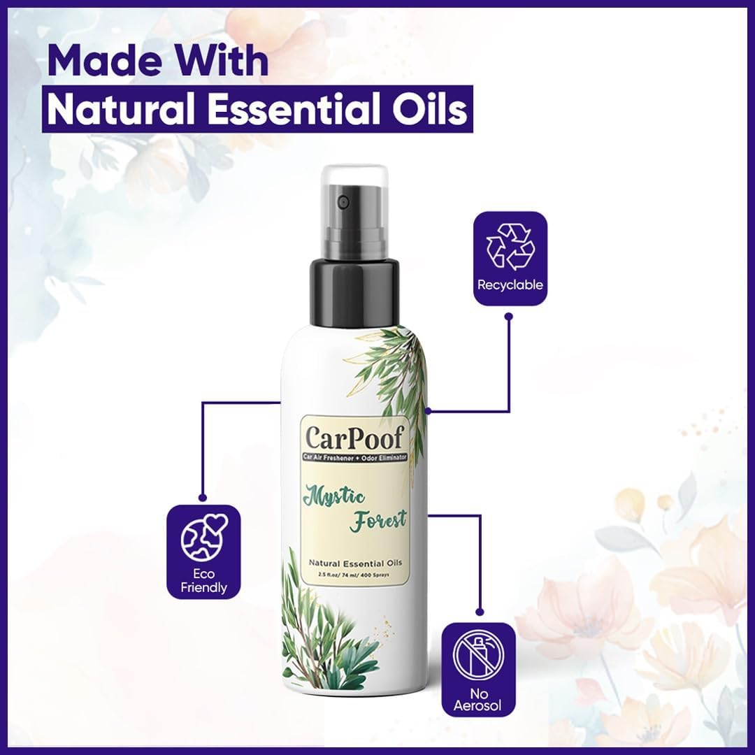 Natural Car Air Freshener Spray non toxic and Multi use Odor Eliminator for Cars, Homes Shoes Offices and More, 400+ Sprays, 2.5 oz Travel Size, naturally fading, short lasting scent, Mystic Forest