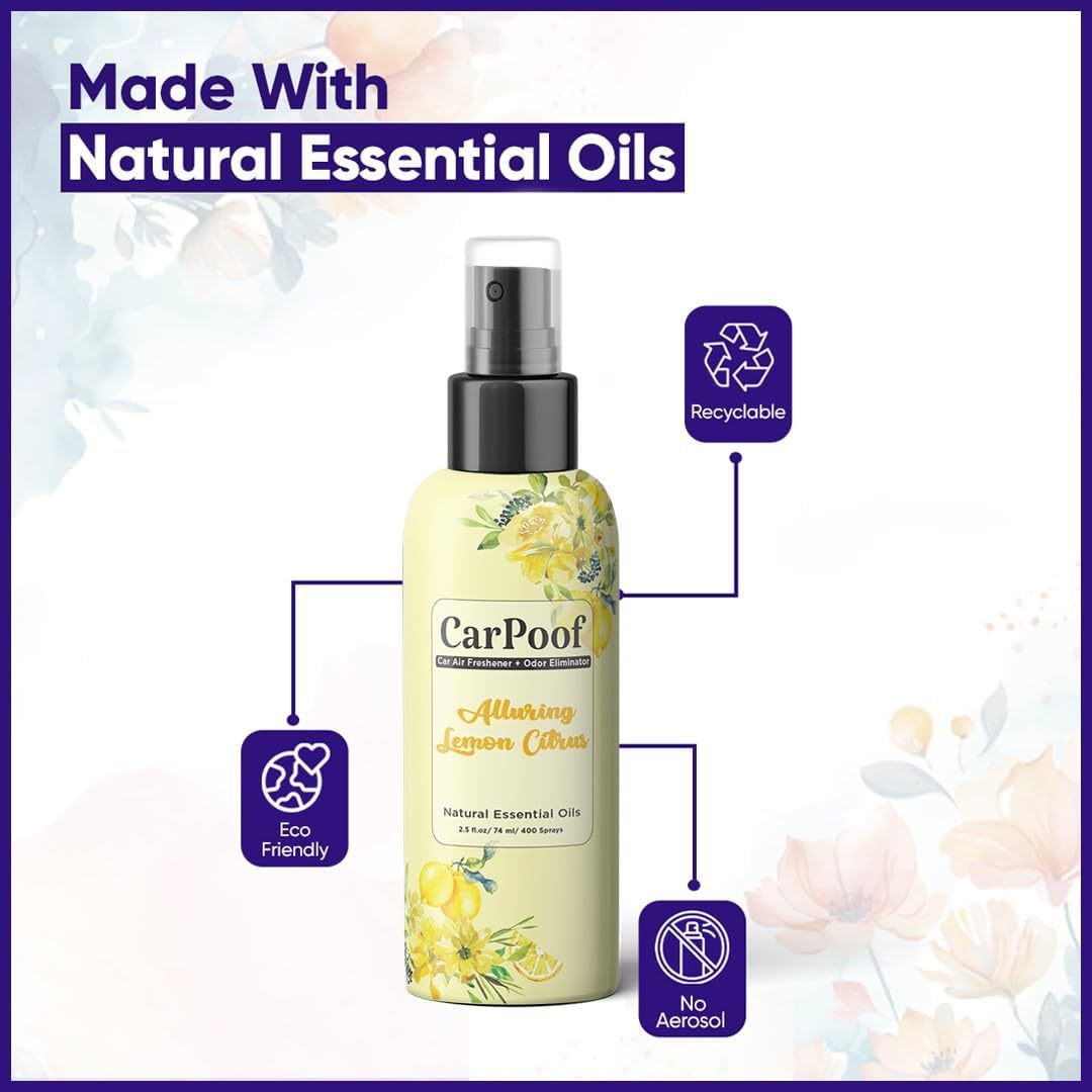 Lemon Mint Car Air Freshener natural non toxic and car odor eliminator for Clean Fresh Car, naturally fading, short lasting scent 400+ Sprays 2.5 oz Travel Size