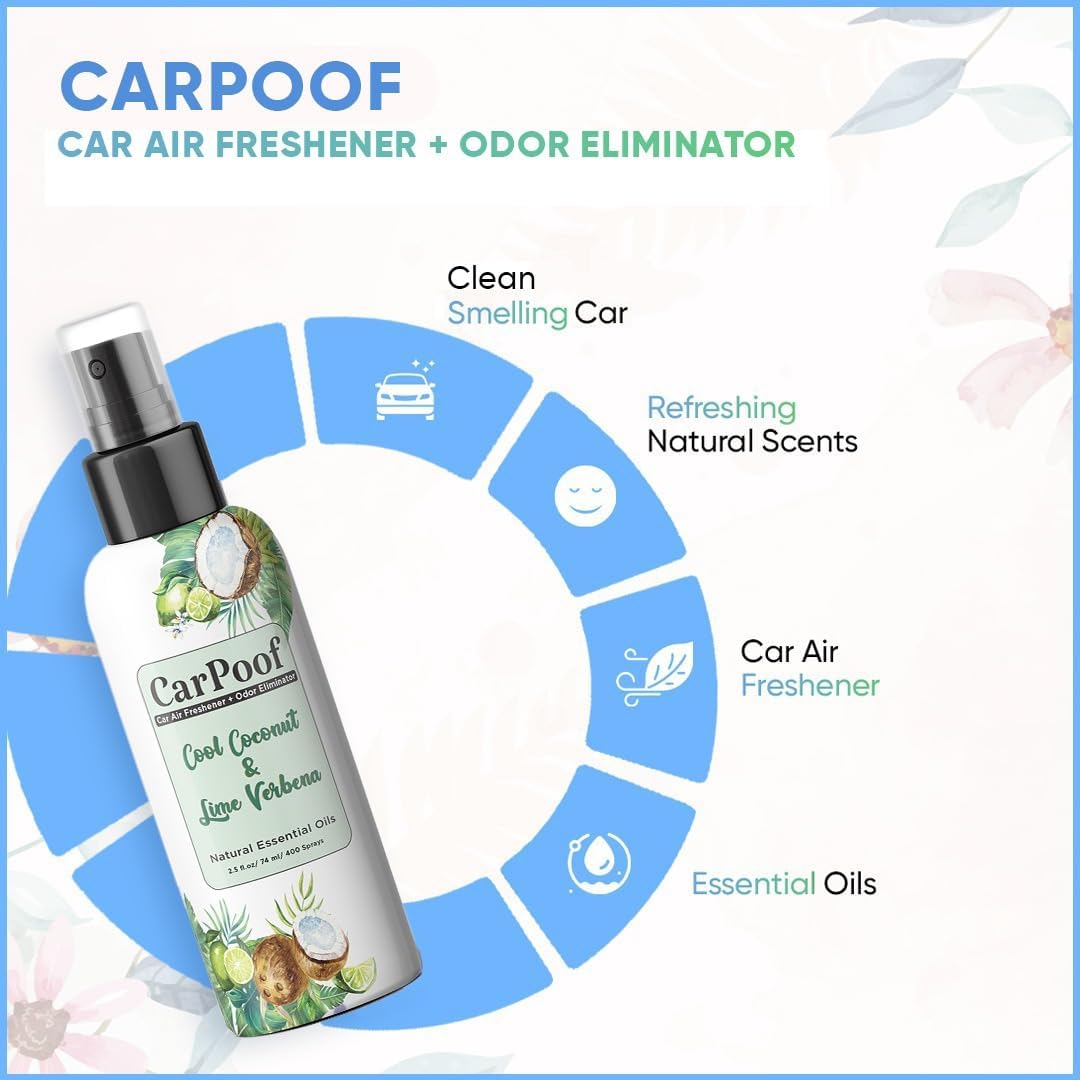 Car Air Freshener Coconut natural non toxic, car odor eliminator for Clean Fresh Car, 400+ Sprays 2.5 oz Travel Size, naturally fading, short lasting scent, Cool Coconut and Lime Verbena
