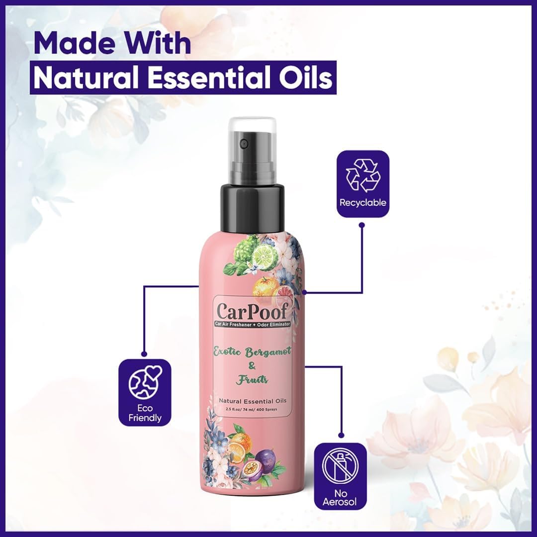 Car Air Freshener Spray natural non toxic and car odor eliminator for Clean Fresh Car, 400+ Sprays 2.5 oz Travel Size, naturally fading, short lasting scent, Exotic Bergamot and Fruits