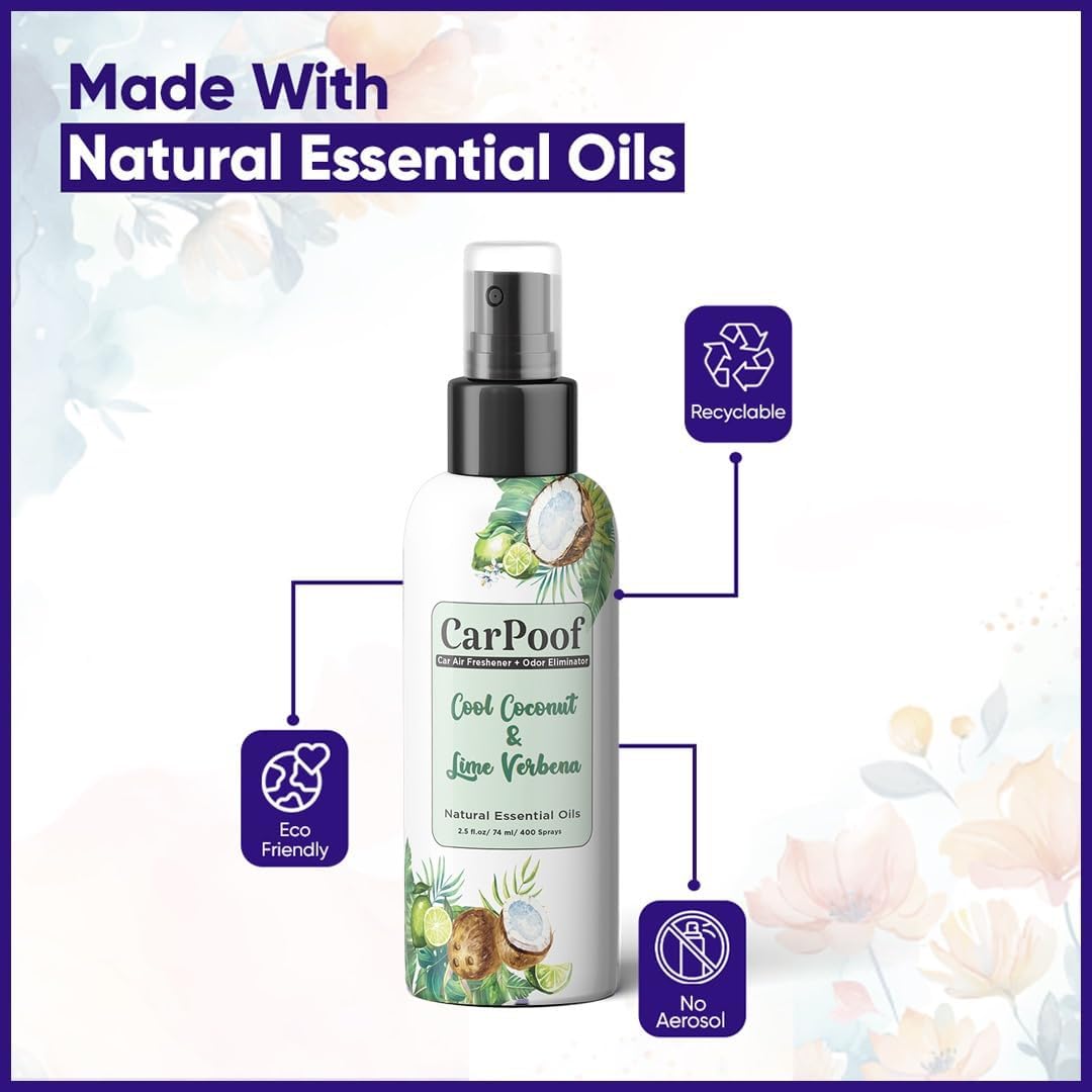 Car Air Freshener Coconut natural non toxic, car odor eliminator for Clean Fresh Car, 400+ Sprays 2.5 oz Travel Size, naturally fading, short lasting scent, Cool Coconut and Lime Verbena