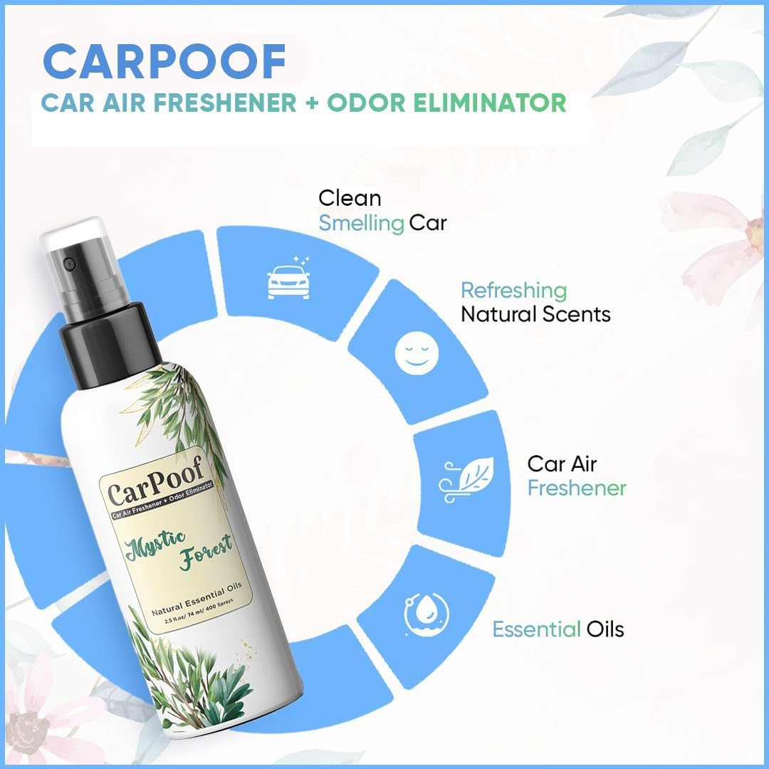 Natural Car Air Freshener Spray non toxic and Multi use Odor Eliminator for Cars, Homes Shoes Offices and More, 400+ Sprays, 2.5 oz Travel Size, naturally fading, short lasting scent, Mystic Forest