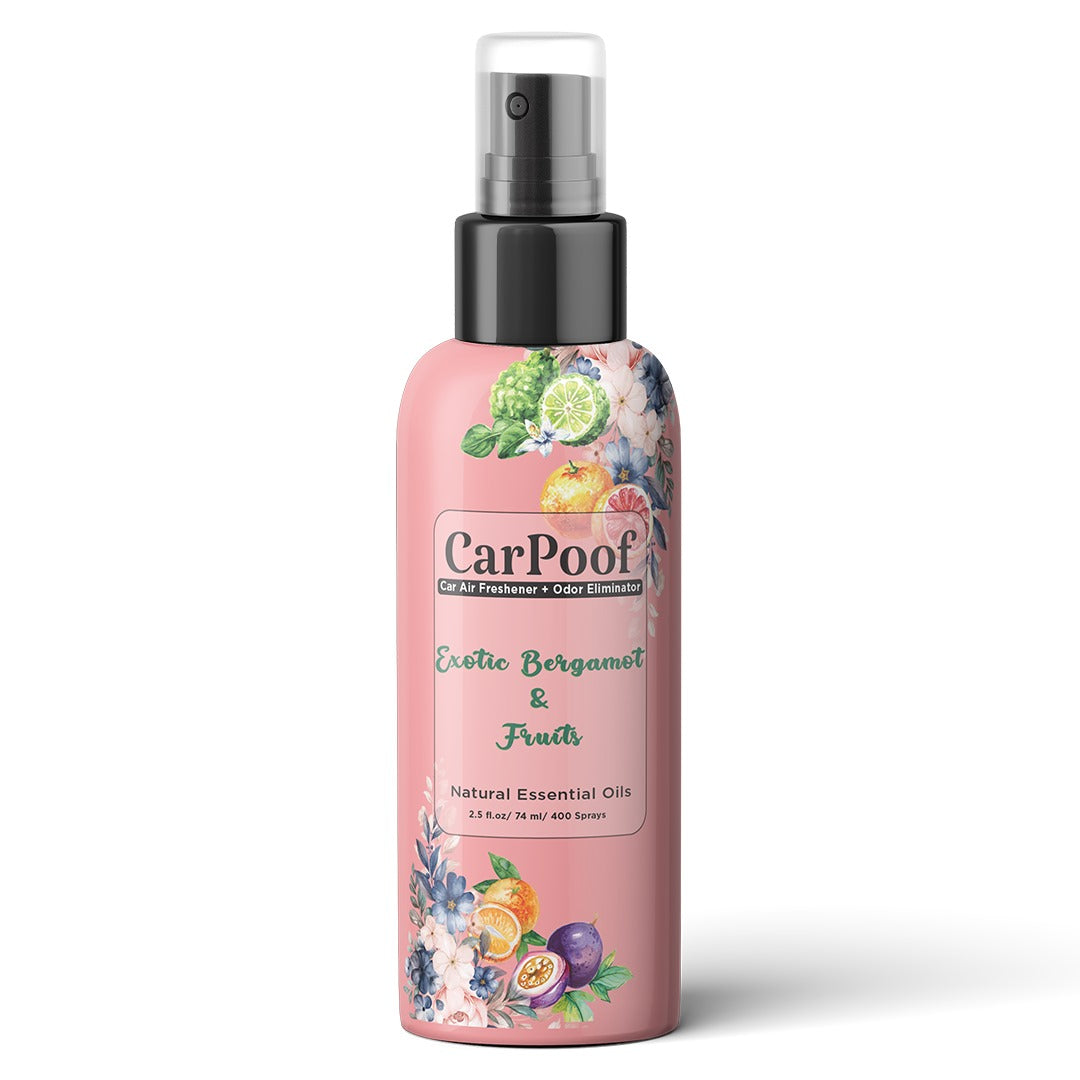 Car Air Freshener Spray natural non toxic and car odor eliminator for Clean Fresh Car, 400+ Sprays 2.5 oz Travel Size, naturally fading, short lasting scent, Exotic Bergamot and Fruits